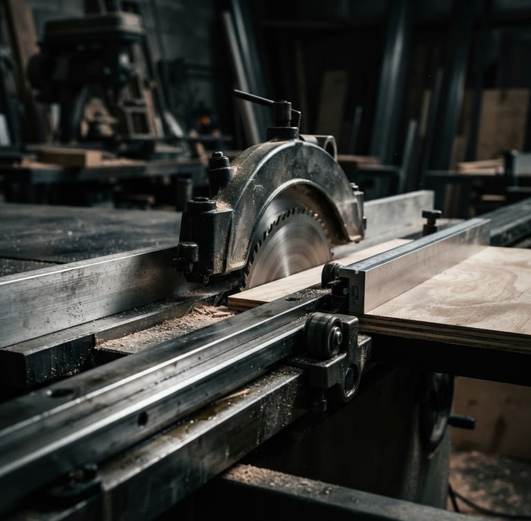 Close-up of heavy-duty steel guide rails and precise blade alignments of a panel saw in a workshop, dramatic lighting, 35mm lens