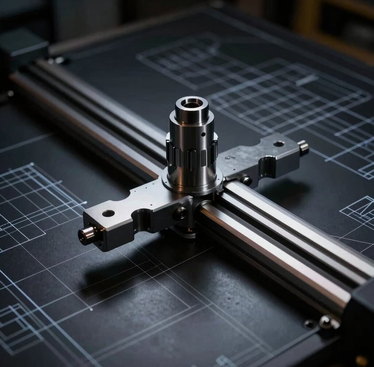 Detailed technical schematic drawing of a mechanical joint on a panel saw, blueprint lines on dark background
