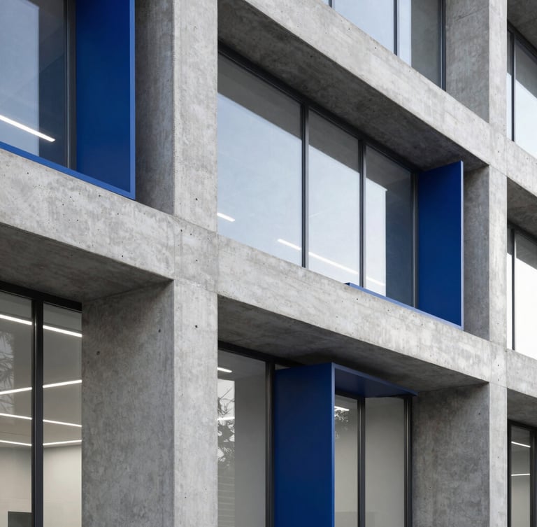 Crisp editorial photography of a modern, minimalist architectural office with concrete structures, natural window light, and deep blue accents, 50mm lens.