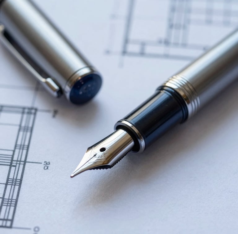 Macro shot of a high-end fountain pen resting on architectural blueprints, cool natural window light, metallic silver and deep blue tones, sharp focus.