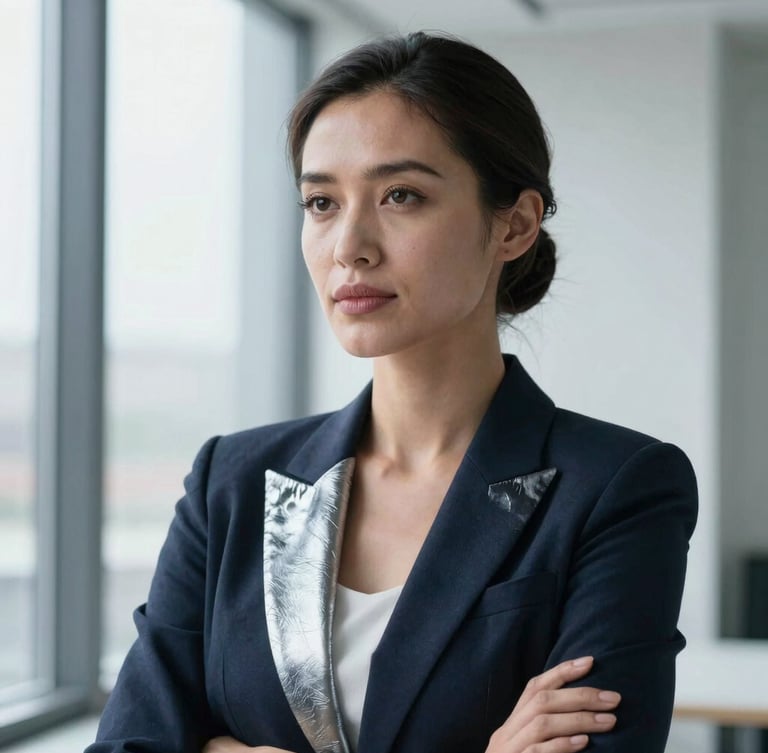 Portrait of a confident female architect in a dark blazer, looking thoughtfully to the side, cool natural window light, deep blue and metallic silver tones, sharp focus, 50mm lens