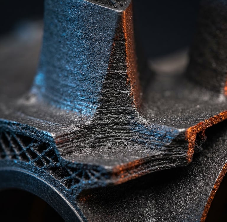Extreme macro of a high-precision metal 3D printed aerospace turbine component, showing fine laser-sintered titanium textures, dramatic electric blue and laser orange highlights, dark graphite background, industrial product photography, 50mm