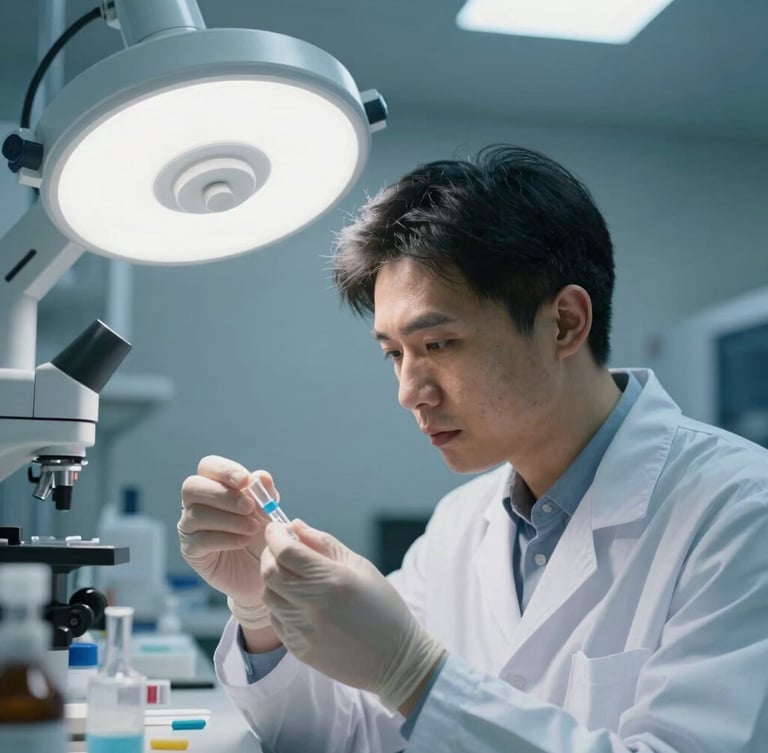 Portrait shot of a scientist in a cleanroom examining samples under bright clinical white light, cool blue and sterile gray tones, sharp focus, 35mm