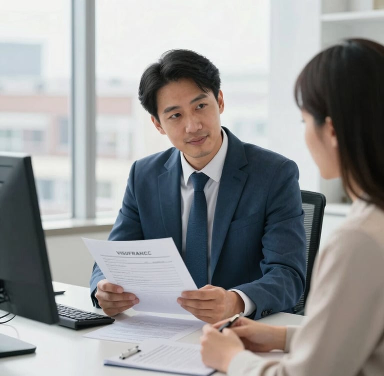 A professional insurance agent in a bright Vine Street office in Philadelphia, reviewing policy documents with a client, warm slate and blue tones, natural light