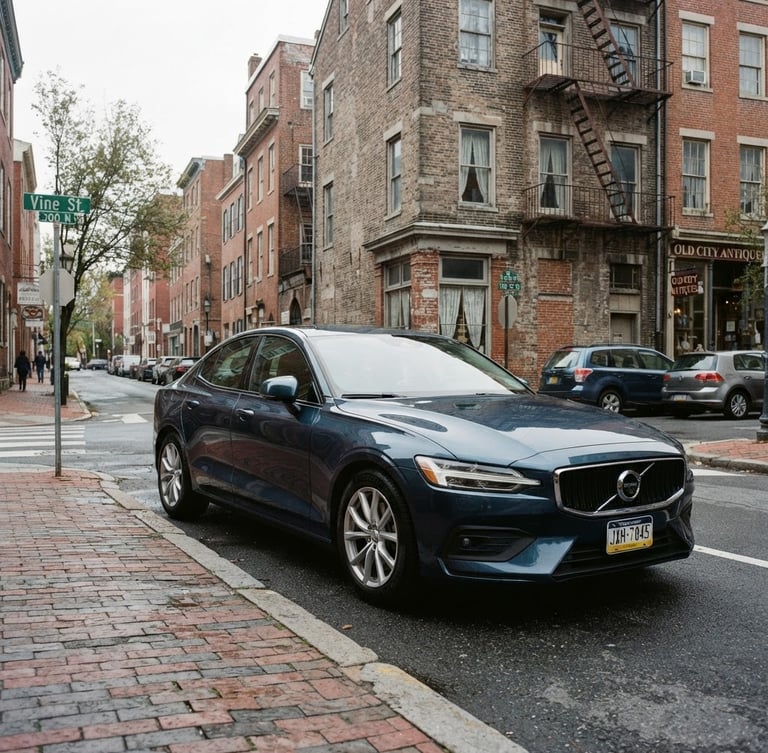A clean modern sedan parked on a Philadelphia street near Vine Street, soft overcast daylight, historic brick buildings in the background, 35mm photography