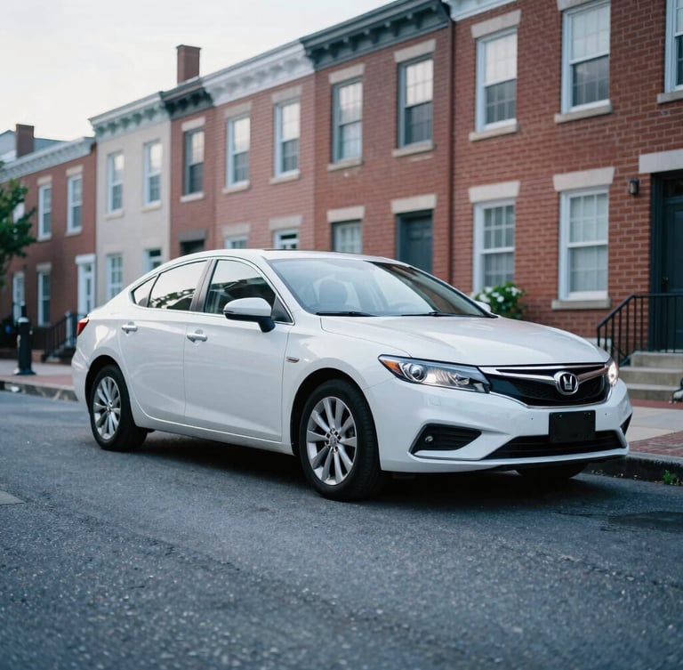 A clean modern sedan parked on a quiet Philadelphia street near Vine Street, historic brick buildings in the background, bright natural overcast daylight, cool blue tones, 35mm