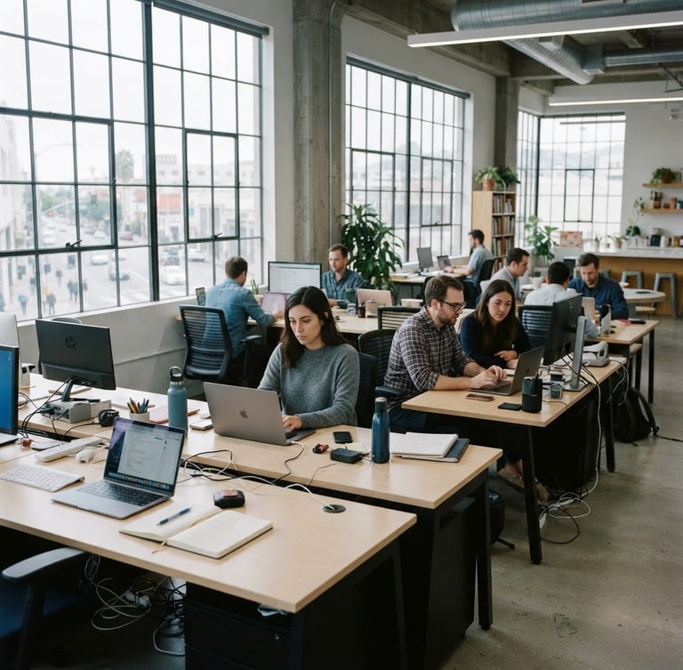 A bright, professional Vine Street office interior with clean desks and natural light coming through large windows, 35mm photography