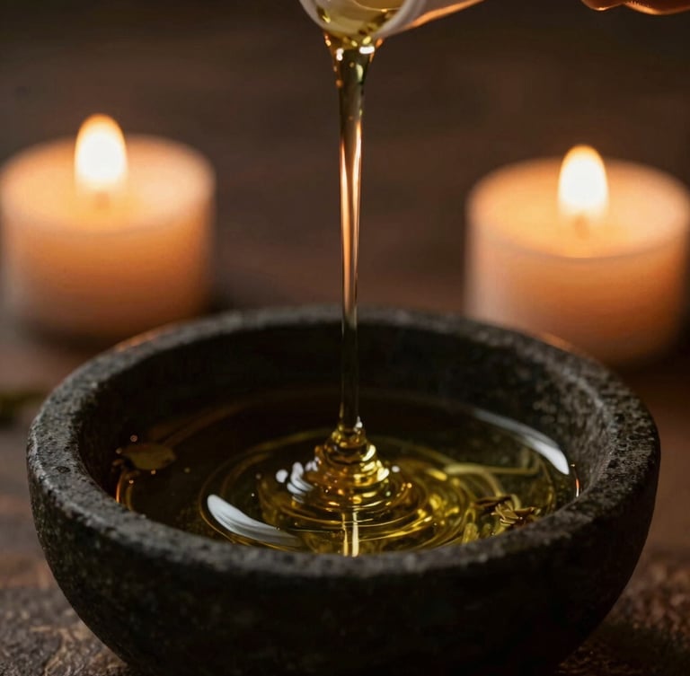 Close-up of warm botanical oil being slowly poured into a dark stone bowl, soft candle-lit shadows, moody editorial style