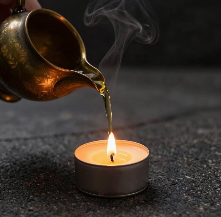 Pouring botanical oil from a bronze vessel, warm candle-lit shadows, deep stone background, steam rising softly, close-up editorial photography