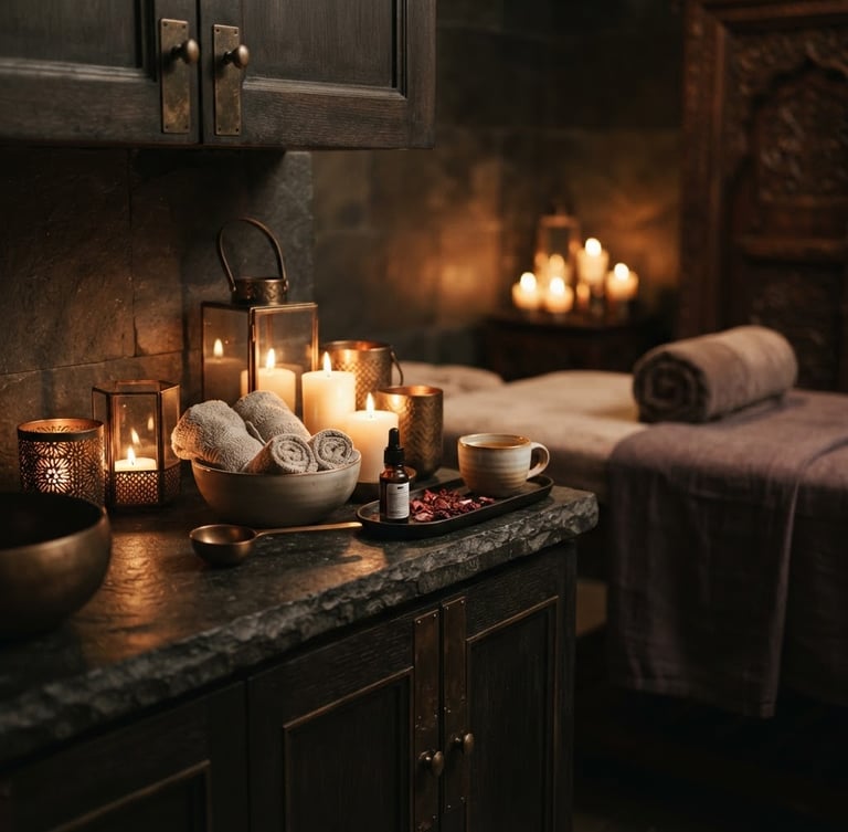 Moody warm candle-lit day spa treatment room in Gurugram, dark stone surfaces, soft bronze accents, linen details, shallow depth of field