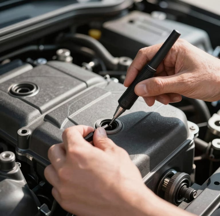 Close-up of hands using precision tools on a car engine, clean and organized, bright natural daylight, high-contrast shadows.