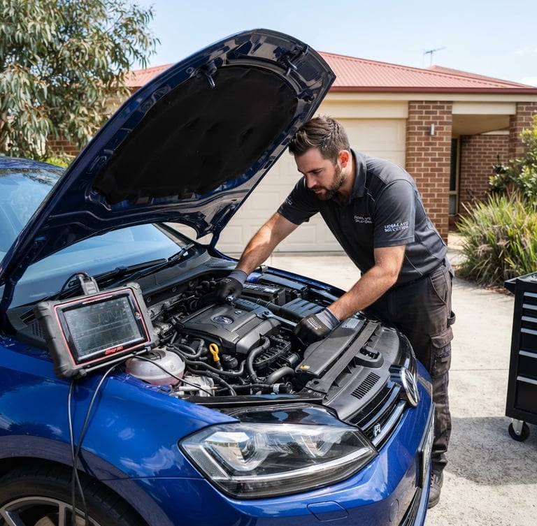 Professional mobile mechanic working under the hood of a clean, modern vehicle in a residential driveway, diagnostic tablet visible on the fender, bright Australian daylight, high-contrast industrial tones.