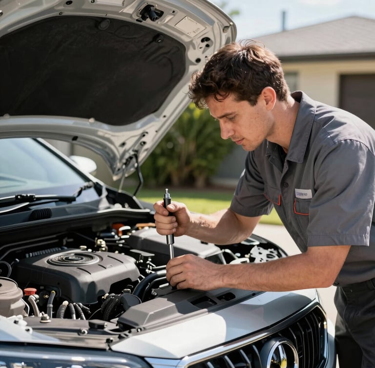 Professional mechanic in clean uniform, hands holding a precision tool, working under the hood of a modern car in a residential driveway, bright natural Australian daylight, high-contrast shadows, 50mm lens.