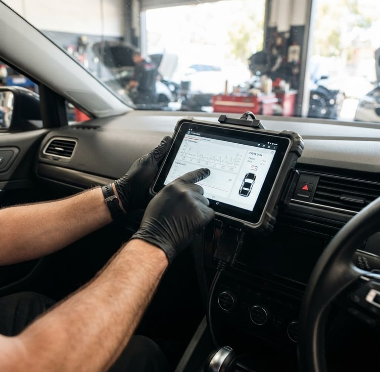 Clean, modern diagnostic tablet plugged into a car dashboard, bright natural Australian daylight, high-contrast shadows, 50mm lens, mechanic's hands visible.