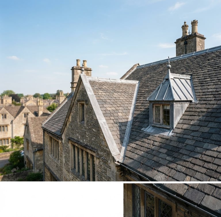 Wide panoramic view of a traditional slate and zinc roof under clear daylight, sharp details of the craftsmanship, with a focus on the right side of the frame, crisp architectural photography, natural bright daylight, deep slate and terracotta tones, sharp detail, 35mm lens