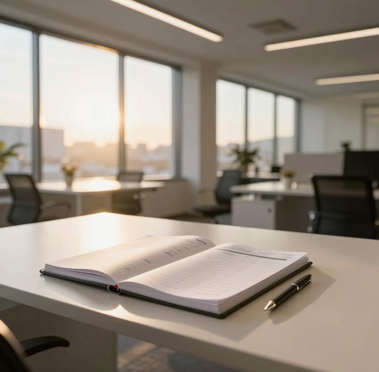 Bright sunlit modern West Jordan office space, clean desk with an organized planner and natural morning light, wide environmental shot, warm golden tones