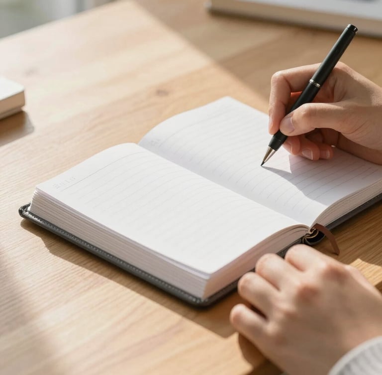 Close-up of hands organizing papers and writing in a leather planner on a clean wooden desk, bright natural morning sunlight, warm and inviting atmosphere, 35mm lens.