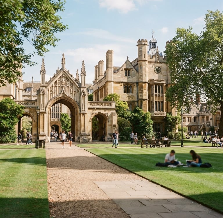 Wide environmental shot of a prestigious university campus with stone gothic arches and manicured green lawns, bright natural daylight, 35mm film style.