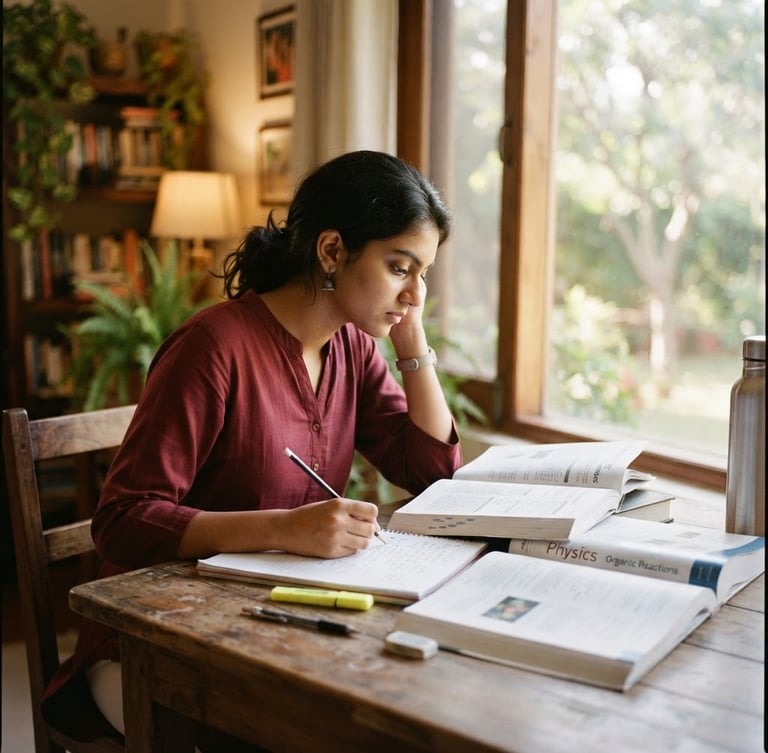 A focused Indian high school student studying at a wooden desk with open books, bright natural daylight filtering through a large window, warm editorial photography, shallow depth of field, 35mm film style.