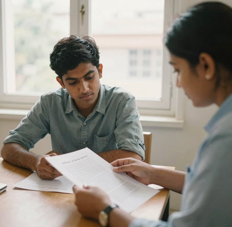 A close-up of an Indian student and counselor reviewing academic documents over a wooden table, bright natural daylight filtering through a large window, warm editorial photography style.