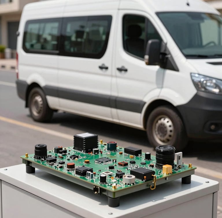 A professional mobile service van parked on a clean Kuwait street, bright daylight, realistic technical service vehicle