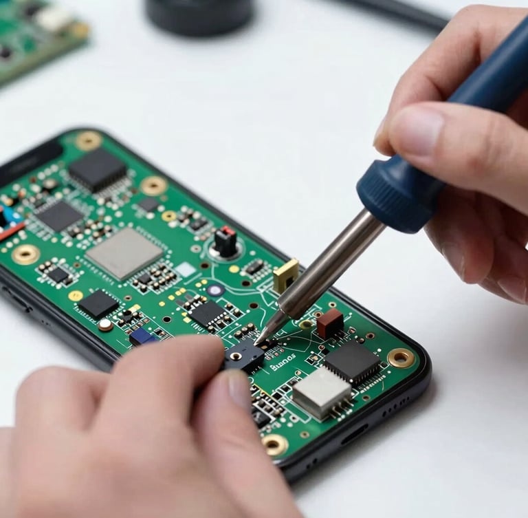 Close-up macro shot of hands repairing a smartphone motherboard with a soldering iron on a bright, highly-lit workbench, high-contrast industrial tones, realistic technical photography