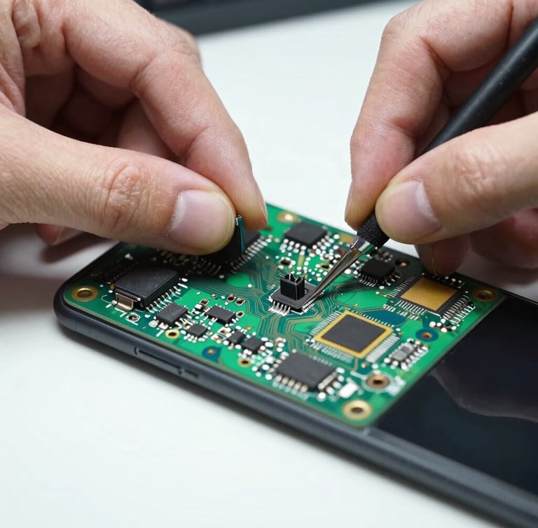 Close-up macro shot of hands repairing a smartphone circuit board under bright workbench lighting, high-contrast industrial tones, realistic