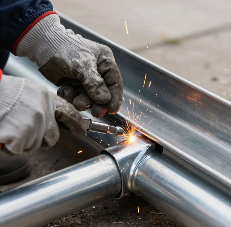 Close-up of a worker's gloved hands performing precision welding on a stainless steel gutter joint, bright orange sparks, clean metallic reflections, outdoor daylight, sharp focus