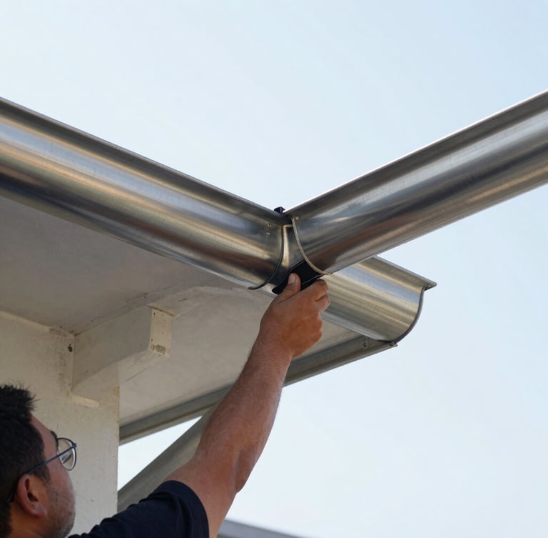 Close-up of a worker installing a clean stainless steel gutter on a high roofline, bright natural outdoor daylight, sharp focus on the metallic reflection, 35mm lens