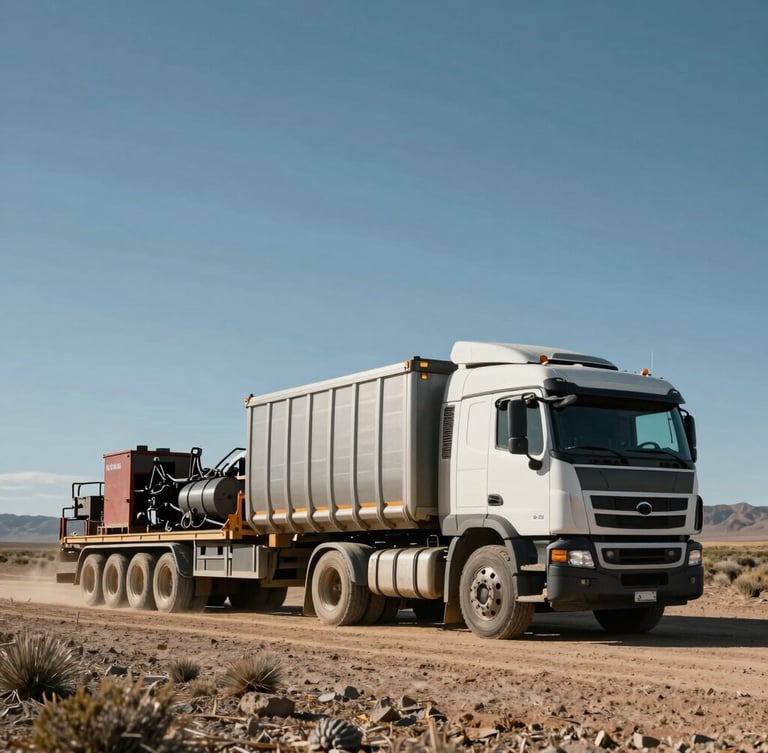 Wide shot of a heavy transport truck with a lowboy trailer carrying machinery across the dusty Patagonian steppe under harsh daylight.