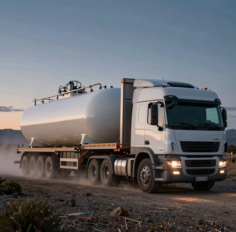 Heavy transport truck with lowboy trailer loaded with a large industrial vessel, driving through dusty Patagonian landscape at dusk.