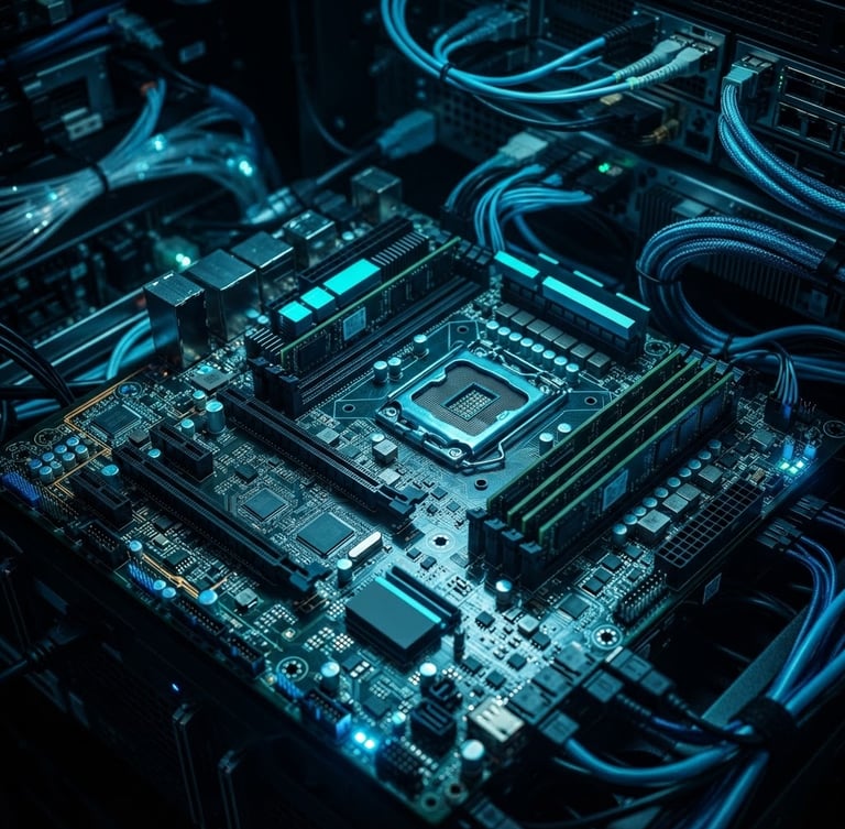 Macro close-up of a server rack's intricate circuitry under cool blue and electric cyan light, high contrast, deep shadows, futuristic technology photography