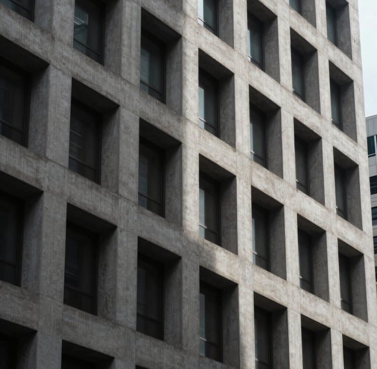 Stark architectural crop of a concrete financial district facade, sharp geometric shadows, cool overcast daylight, 35mm editorial photography.