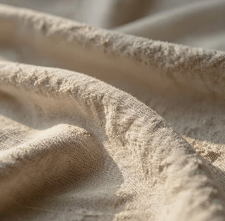 Macro photograph of soft organic linen folds under warm morning light, creating gentle shadows and a sense of absolute stillness.
