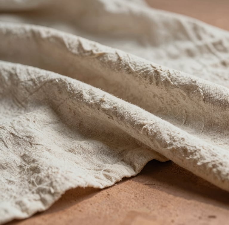 Macro close-up of soft organic linen folds draped over a warm clay surface, diffused morning light casting gentle shadows, minimalist and calm atmosphere.