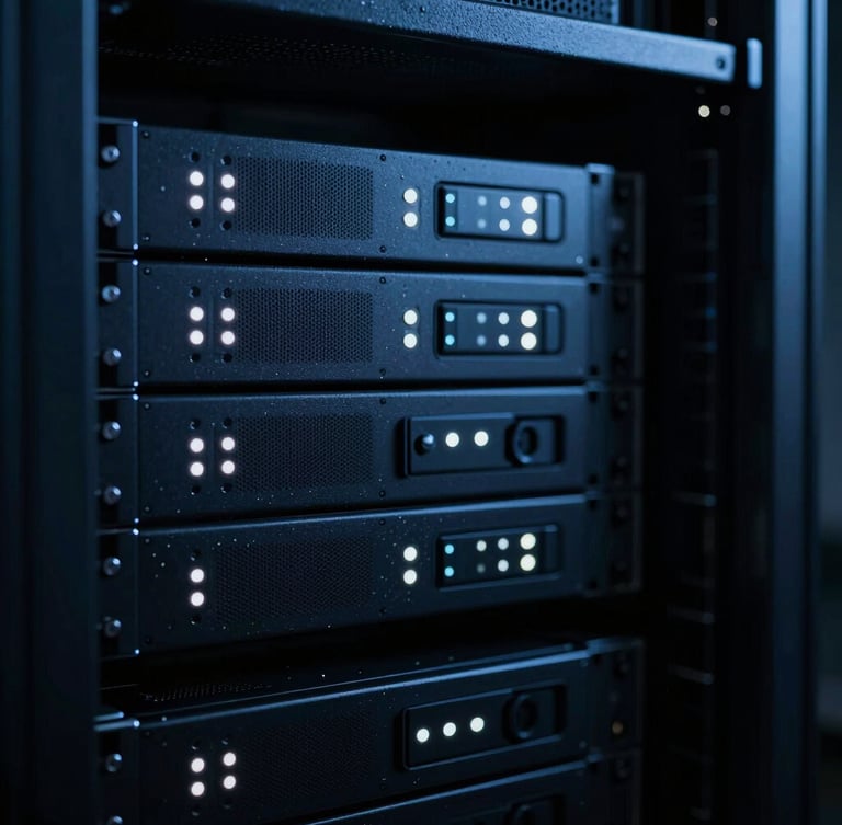 Low-key moody studio shot of a high-end server rack with cool white indicator lights, deep shadows, macro lens, sharp focus.