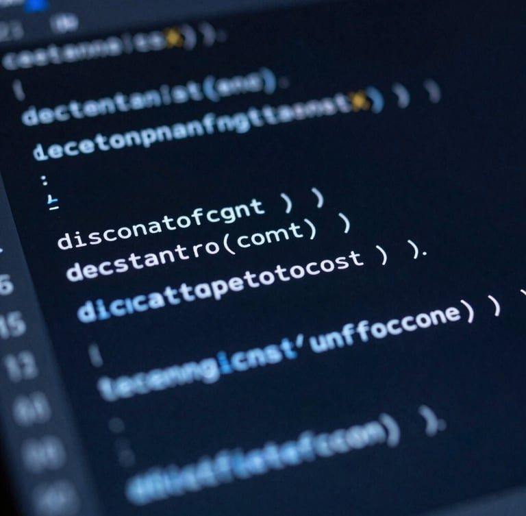 Extreme close-up macro shot of clean, well-structured code on a dark IDE screen, cool blue key light, deep shadows, sharp focus.