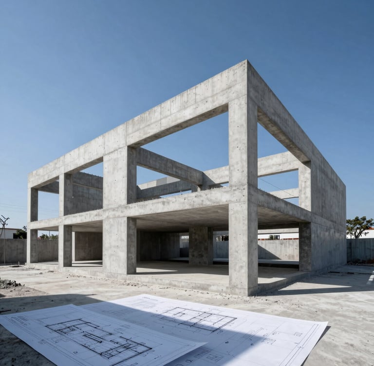 Architectural blueprint overlaid on a crisp daylight site photo of a raw concrete pour, high-contrast shadows, sharp geometric lines, professional editorial
