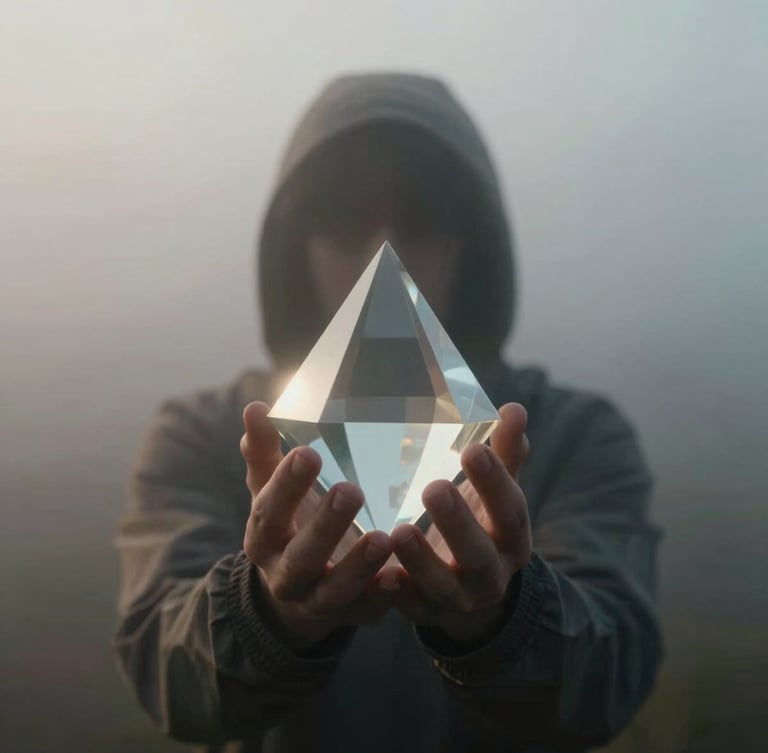 A figure obscured by thick morning mist holding a glowing prism, low-contrast diffused backlight, cinematic framing.
