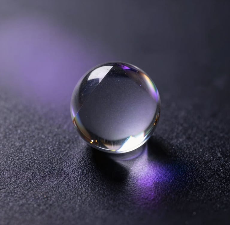 An extreme macro close-up of light refracting through a heavy glass prism, casting soft lavender and indigo light leaks across a dark textured surface.