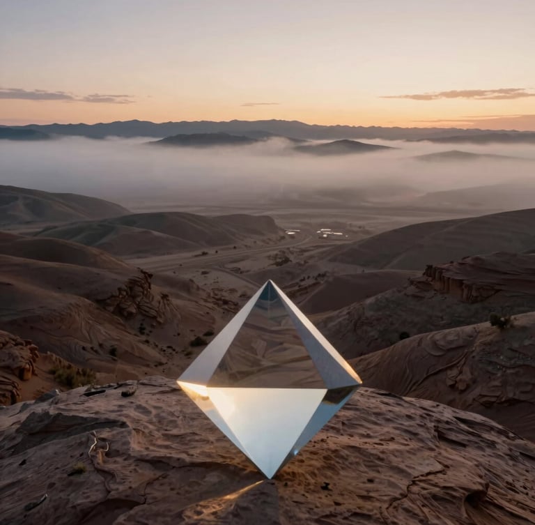 Extremely wide landscape of Utah desert at twilight, heavy morning fog rolling over low hills, soft backlighting refracting through a floating glass prism in the foreground.