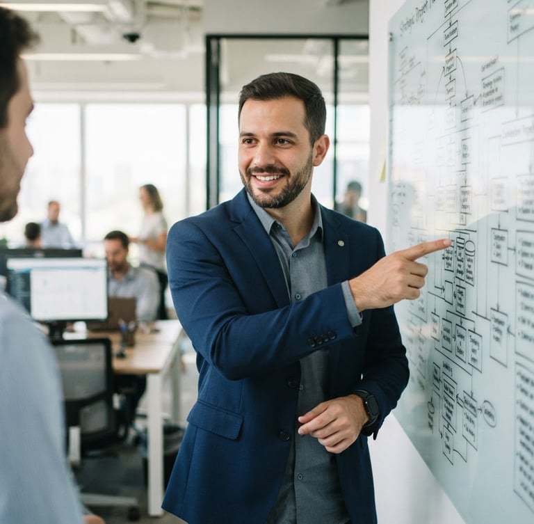Medium close-up of Leonardo Vieira Amorim pointing at a structured diagram on a whiteboard in a bright, modern corporate office, natural light, sharp focus, 35mm.