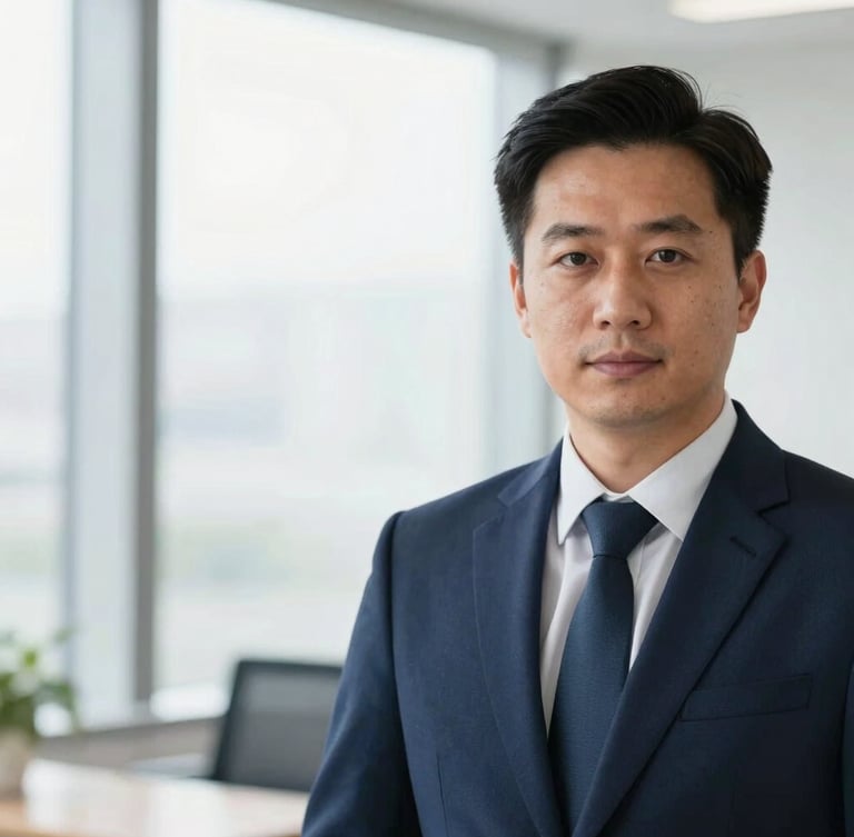 Professional portrait of a male corporate consultant in a sharp navy blazer, shallow depth of field, bright office window background, 35mm.