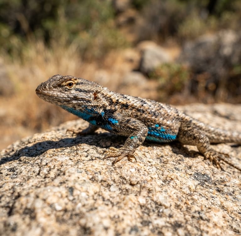 Extreme macro shot of a western fence lizard (Sceloporus occidentalis) basking on sun-baked granite, low-angle ground perspective, dry scrubland in soft focus background, harsh direct midday sun, earthy tones with vibrant cobalt blue scales visible.