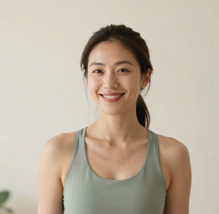 Candid, warm lifestyle portrait of a female wellness founder in natural morning light, smiling softly, clean sage and cream background