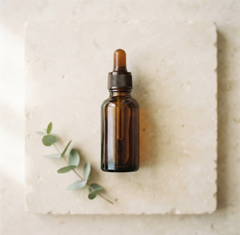 Minimalist flat-lay of amber glass Ozem27 bottle on a clean cream stone surface, soft natural morning light, muted sage tones, shallow depth of field
