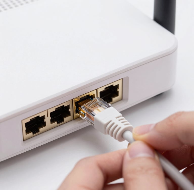 Crisp macro shot of hands connecting an ethernet cable into a sleek white router port, clean studio lighting, sharp focus