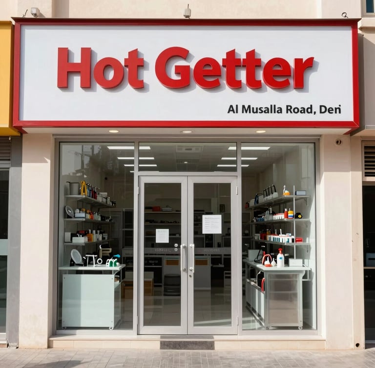 Sharp commercial photography of the physical storefront of Hot Getter Plumbing on Al Musalla Road, Deira, bright natural daylight, 35mm