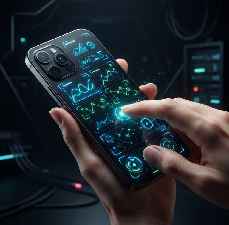 Sleek 3D render of a smartphone displaying a clean, high-contrast app interface with vibrant neon accents (electric blue and cyber green), dynamic isometric perspective, clean studio lighting, dark ambient background, fingers interacting with the screen.
