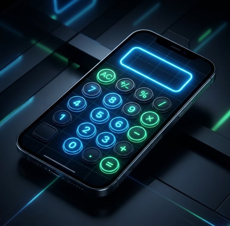 Sleek 3D render of a smartphone displaying a clean, dark-mode calculator interface with vibrant electric blue and cyber green neon accents, dynamic isometric perspective, studio lighting, left-aligned, bleeding to the edge.